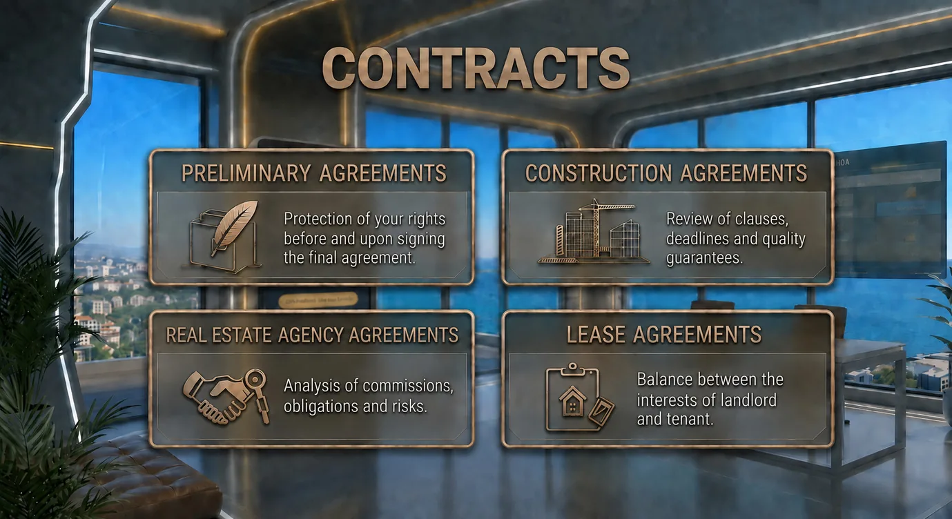 The four kinds of contract: preliminary, with a developer, with an estate agency, and for rent