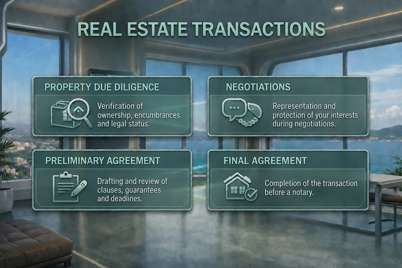 The four steps of a property transaction: due diligence, negotiations, preliminary and final contract