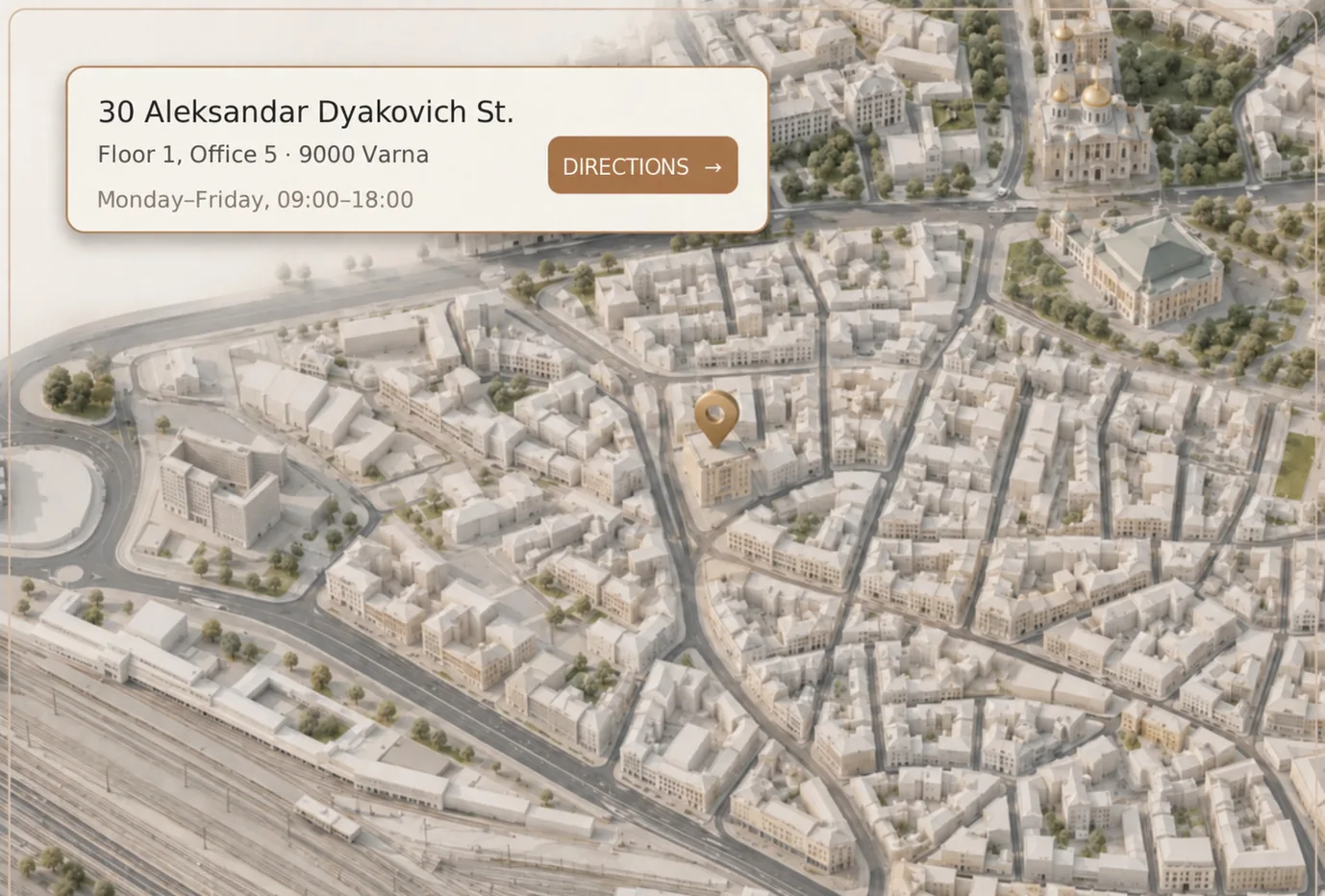 A schematic 3D map of the neighbourhood marking the office at 30 Al. Dyakovich St
