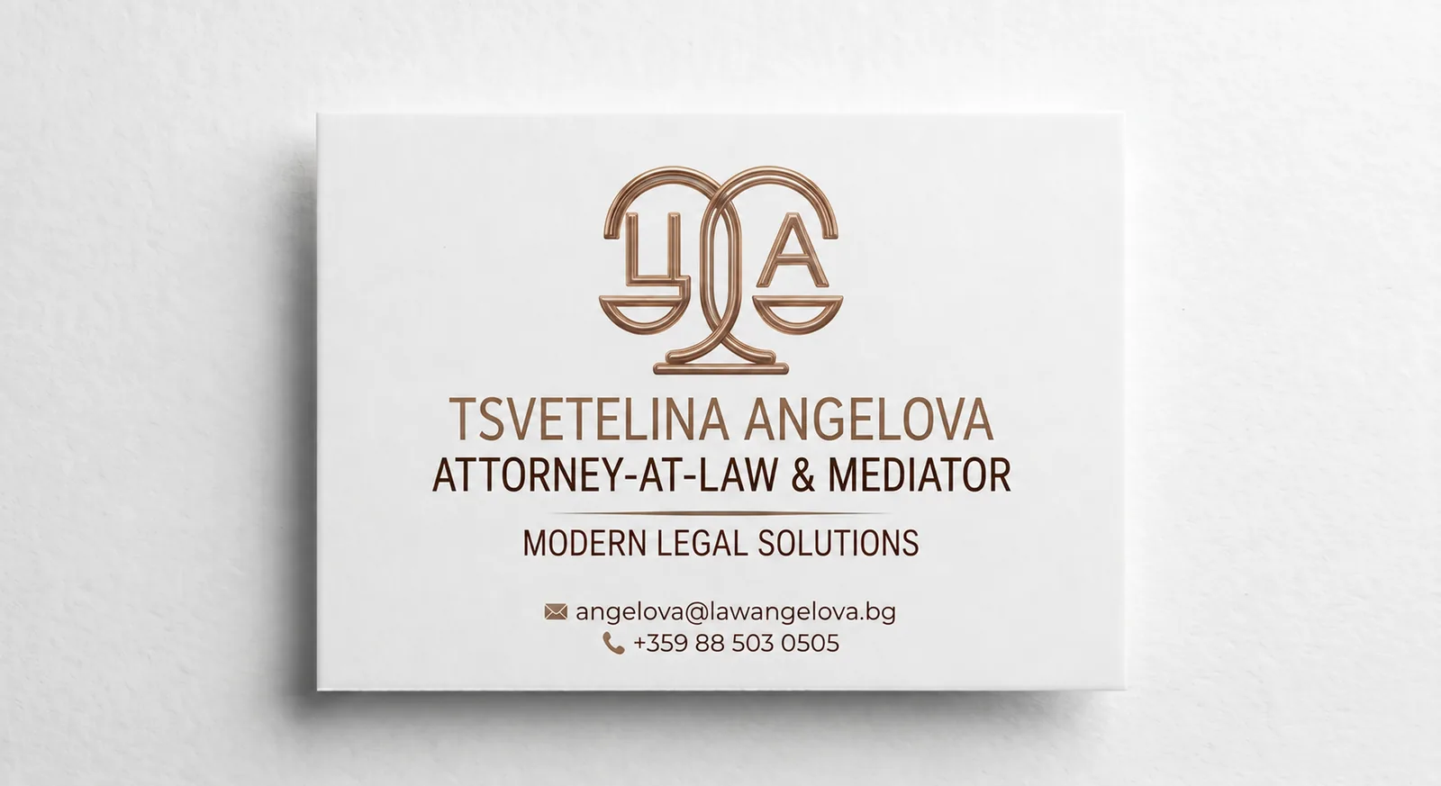 The firm’s business card with monogram, name and contact details