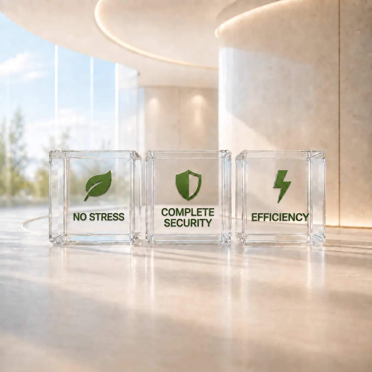 Three glass cubes in the light — no stress, full safety, effectiveness