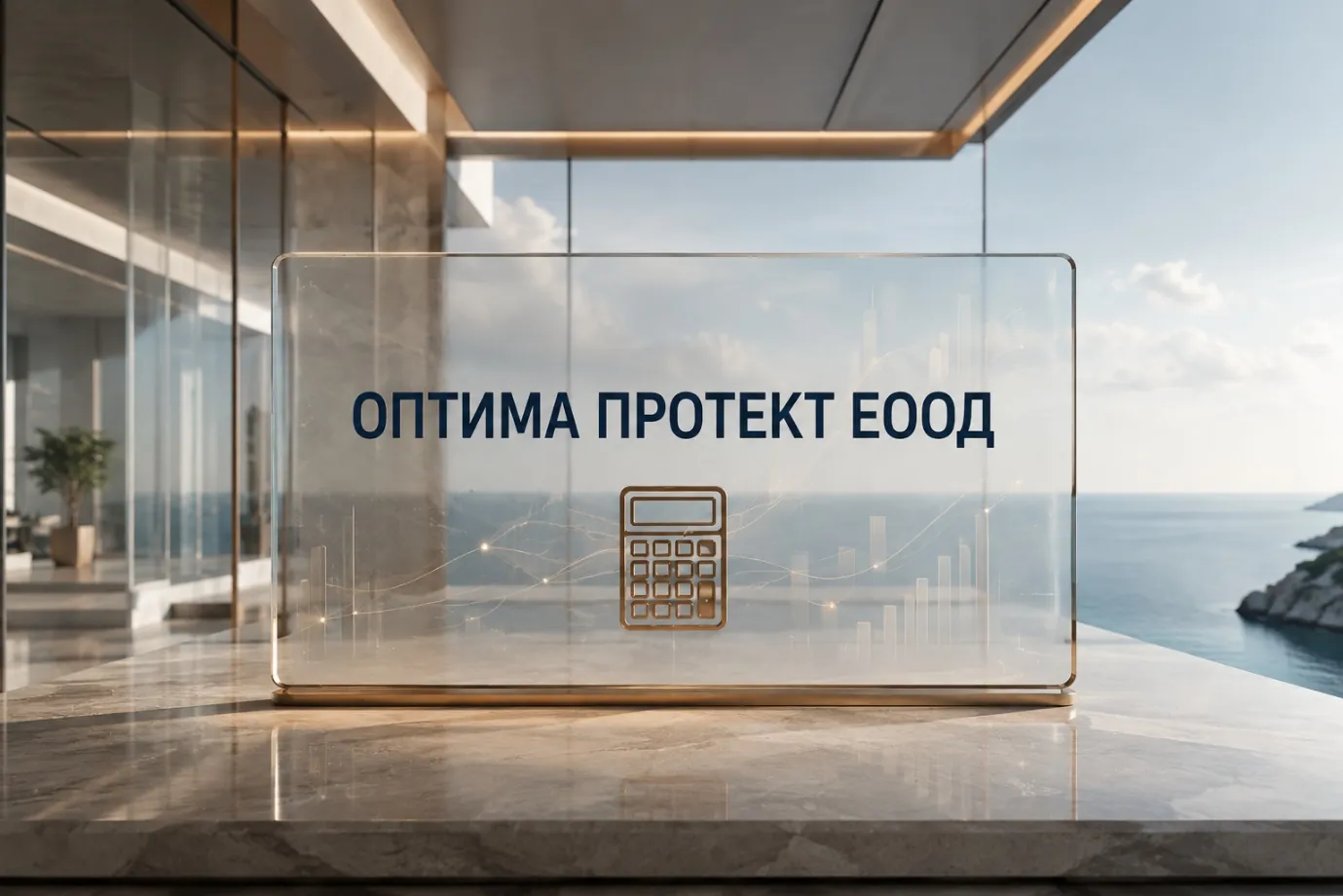 Стъклена табела с надпис ОПТИМА ПРОТЕКТ ЕООД