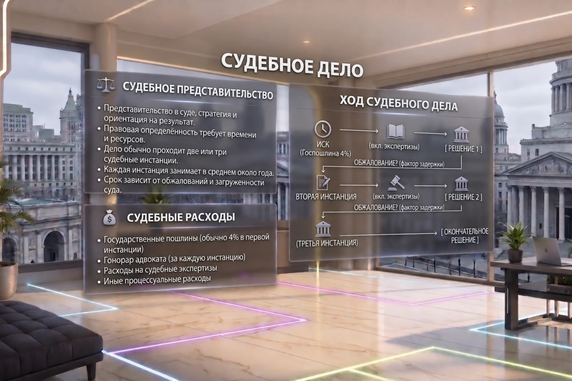 Здания суда, видимые сквозь стеклянную стену кабинета