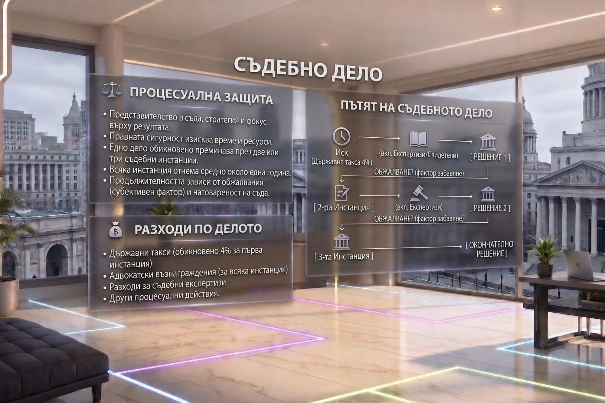Съдебни сгради, видени през стъклената стена на кабинета